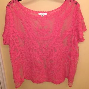 Hot pink sheer & embroidered floral shirt